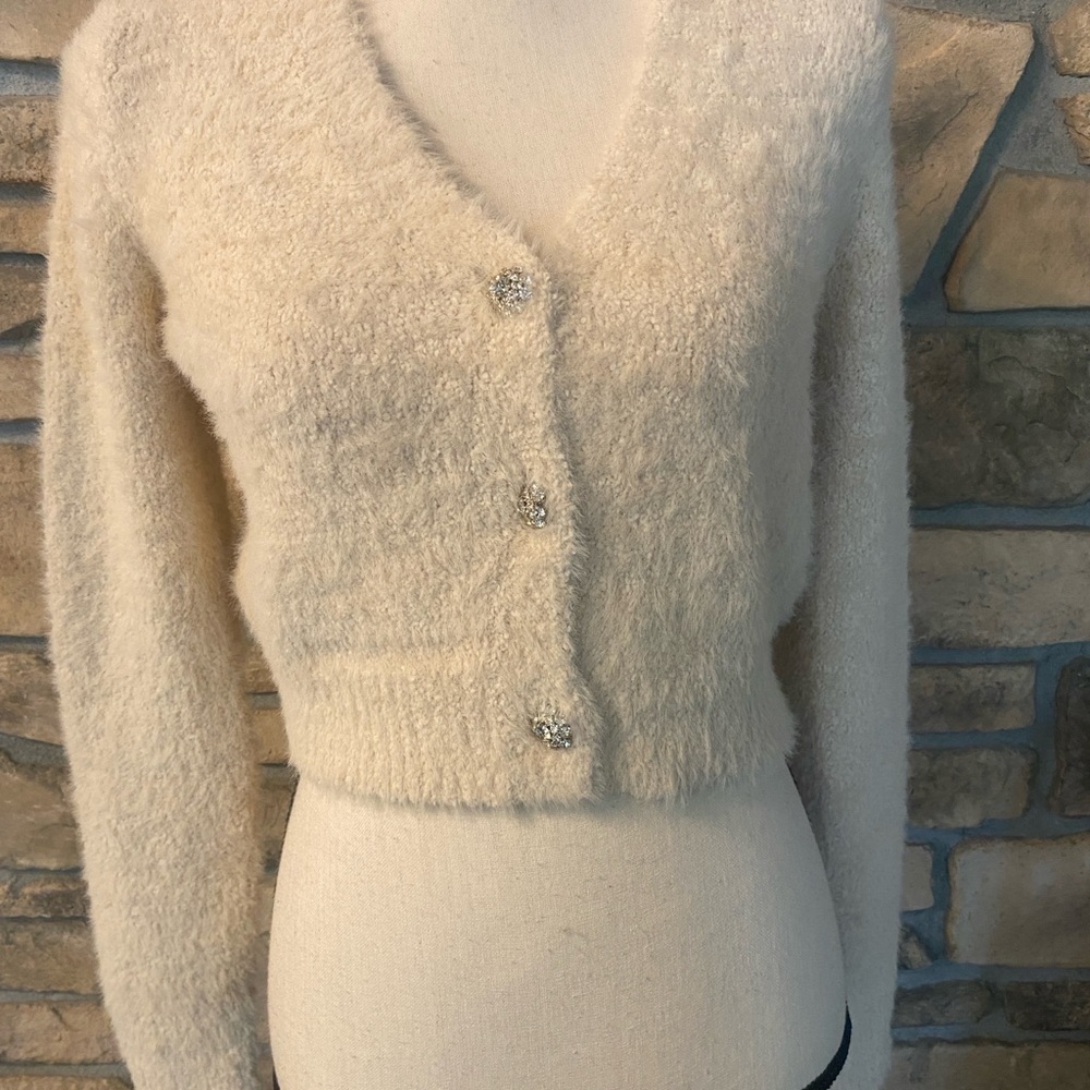Cropped Cardigan Rhinestone Buttons Cream SAGE THE LABEL Cassie New Size S/M - Picture 4 of 15